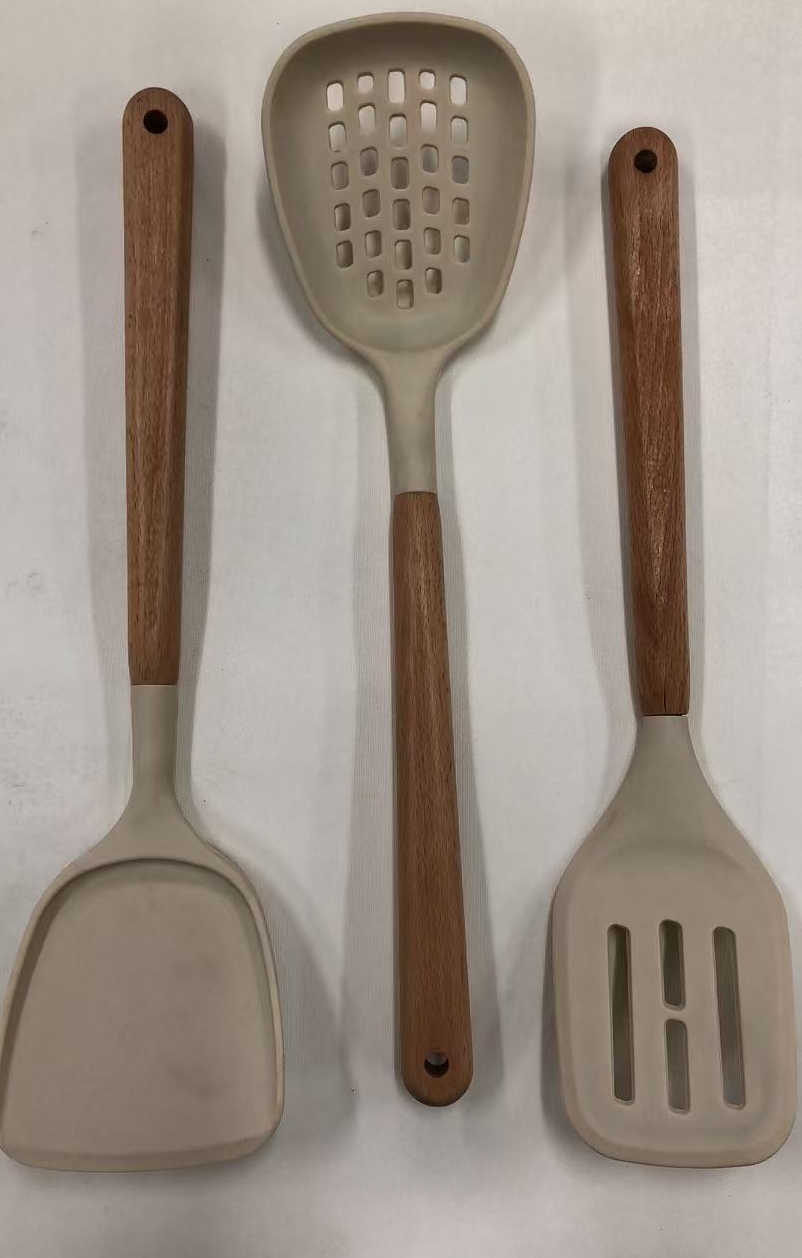 3-pieces silicone wooden handle utensil set