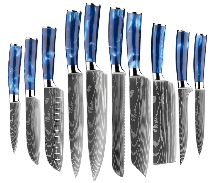 10-piece set of knives with stainless steel blue resin handles